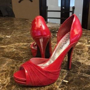 Red Patent Leather Open Toe Stiletto Heels.